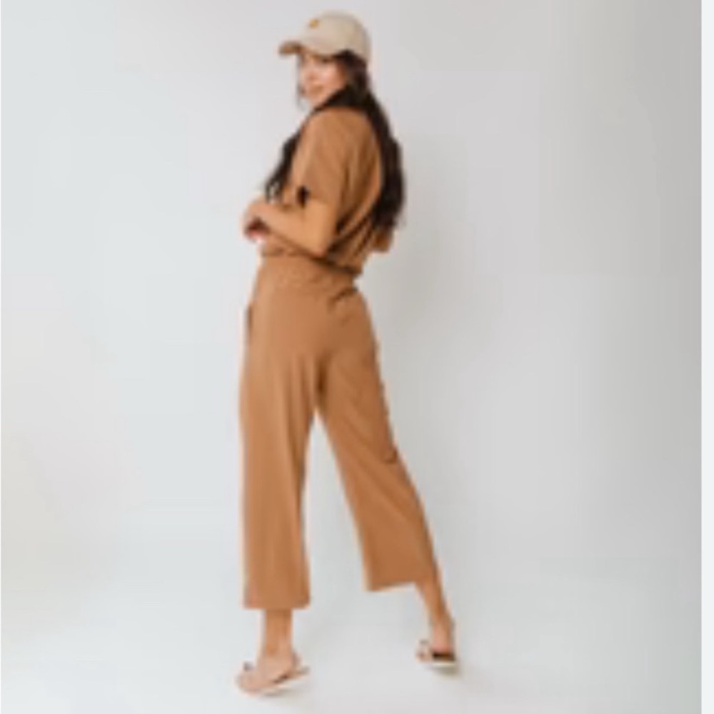 Albion Tan Cropped Jumpsuit with Belted Waist